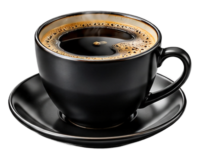 Hot coffee in a cup surrounded by beans