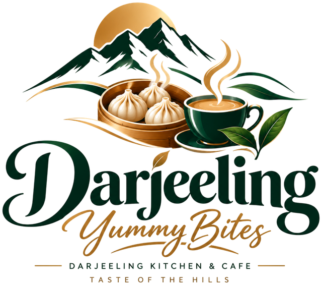 Darjeeling Yummy Bites logo with mountains, momos and masala chai